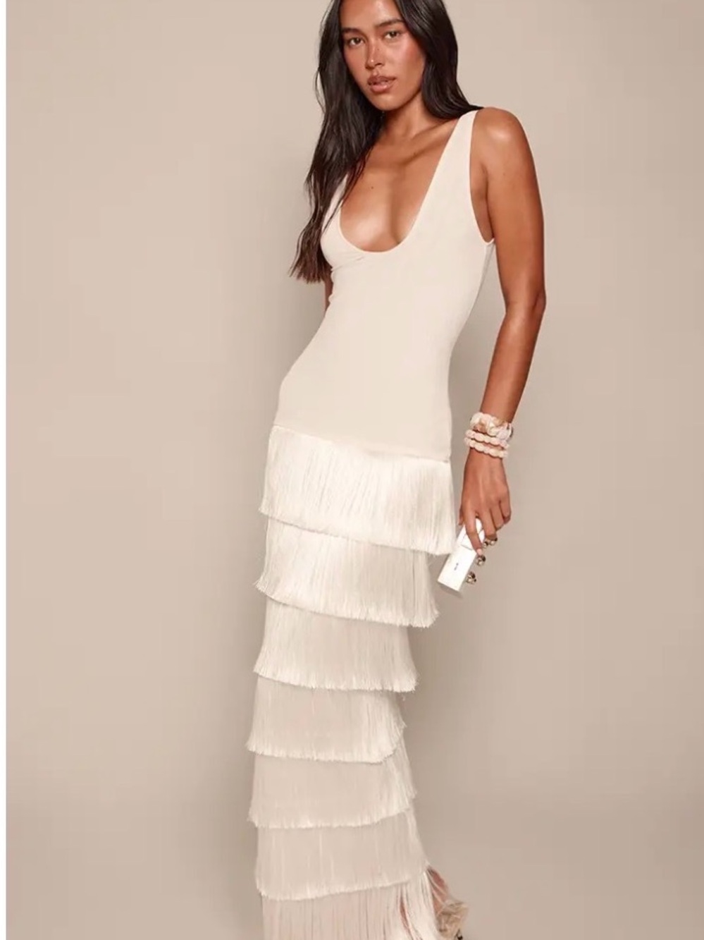 PrettyLittleThing Cream Tiered Fringe Maxi Dress